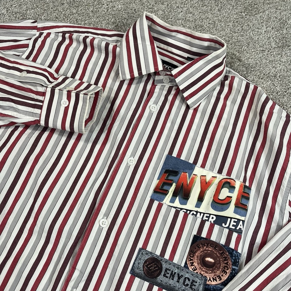 VTG Enyce Shirt L Red White Stripe Long‎ Sleeve Button Up Hip Hop Streetwear Y2K